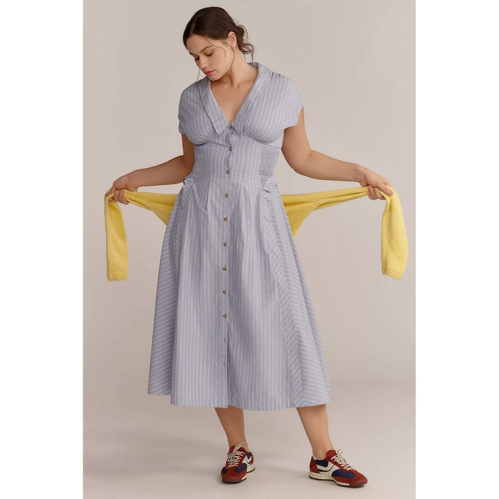 By Anthropologie Blue Pinstripe Smocked Waist Midi Dress Plus 1X NWT Coastal